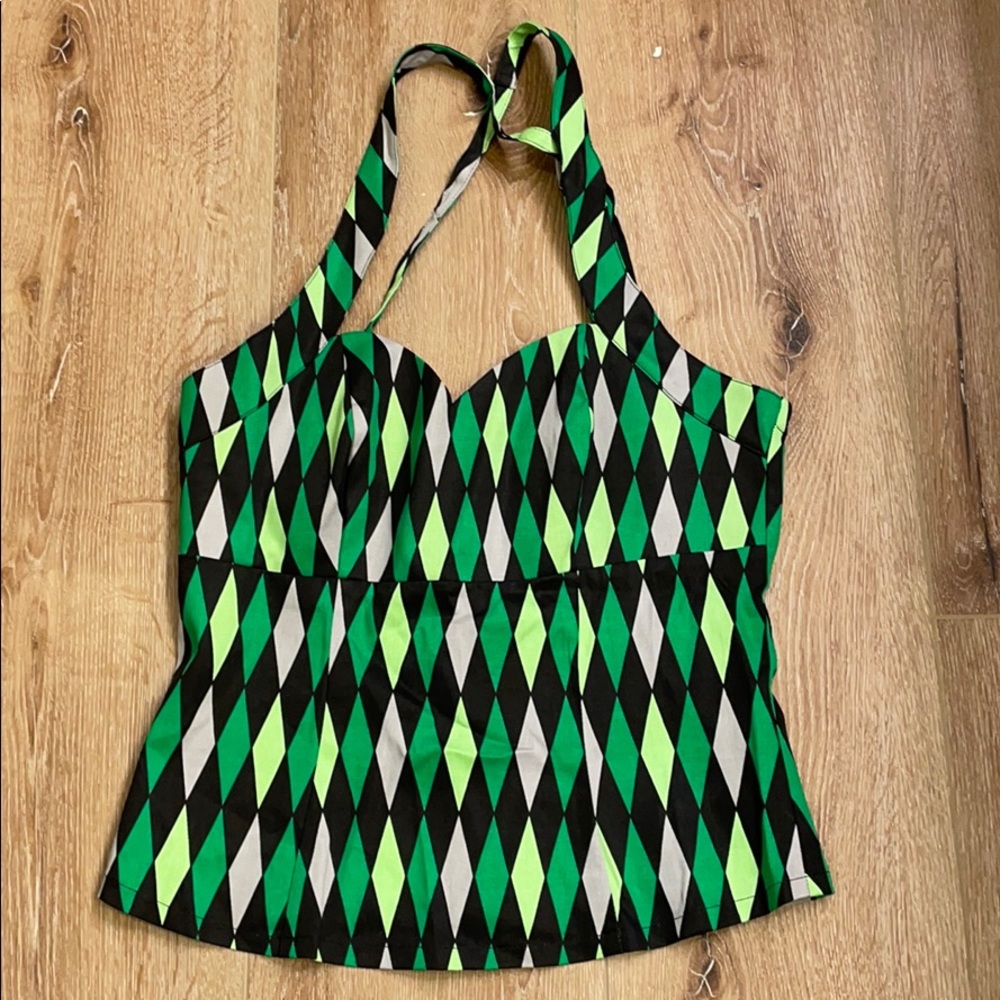 PUG green harlequin cross top
